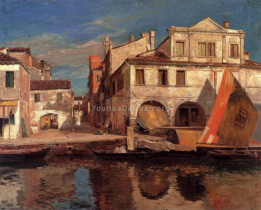 Gustav Bauernfeind, Canal Scene in Chioggia with Bragozzo - 古斯塔夫·鲍恩芬德